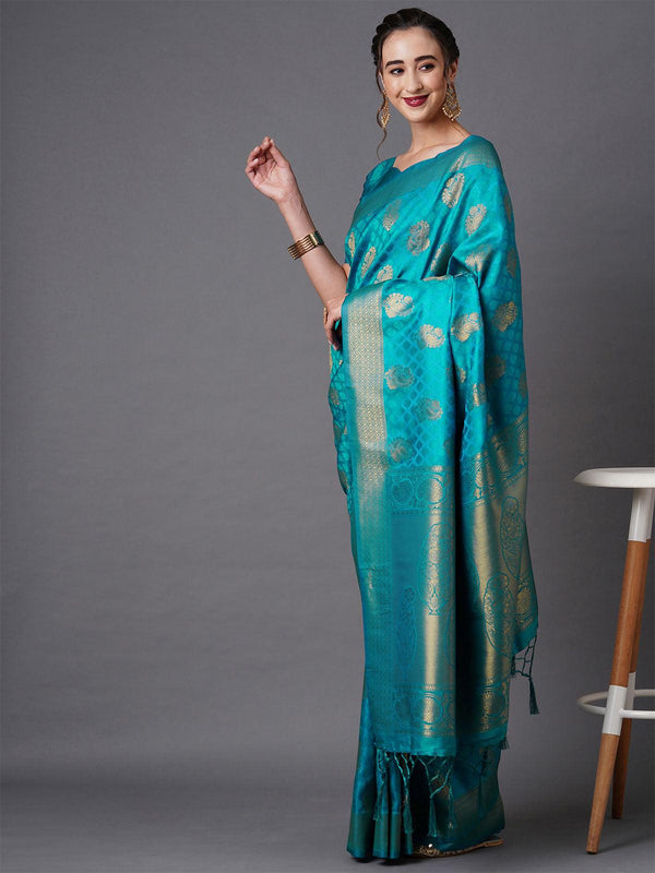 Women's Teal Blue Festive Silk Blend Woven Design Saree With Unstitched Blouse - Odette