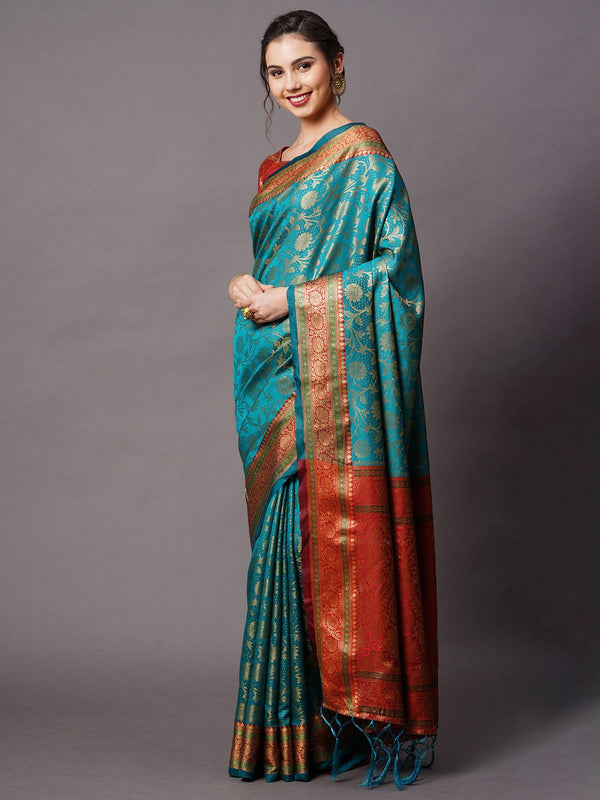 Women's Teal Blue Festive Silk Blend Woven Design Saree With Unstitched Blouse - Odette