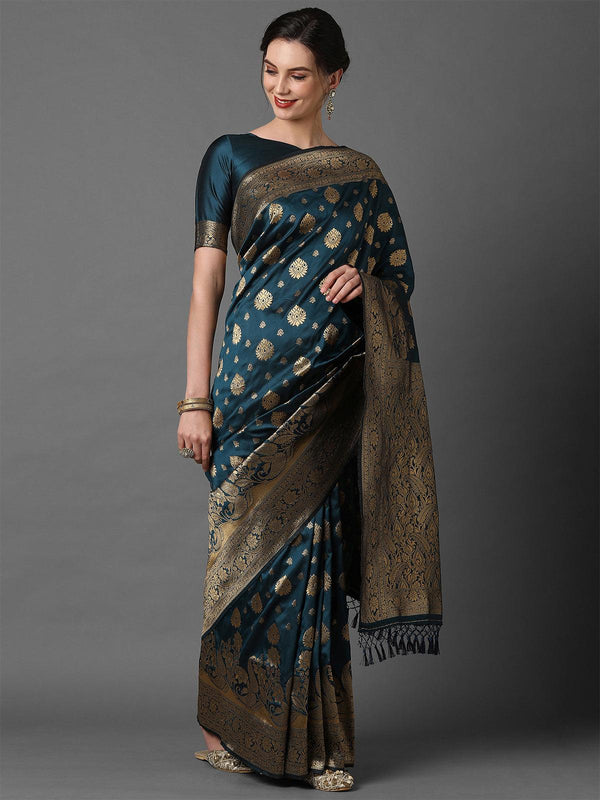 Women's Teal Blue Festive Silk Blend Woven Design Saree With Unstitched Blouse - Odette