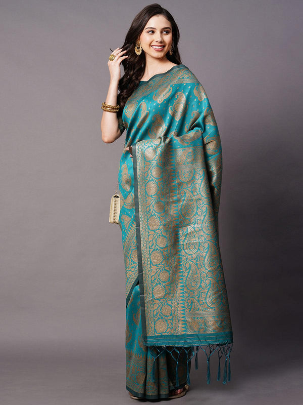 Women's Teal Blue Festive Silk Blend Woven Design Saree With Unstitched Blouse - Odette