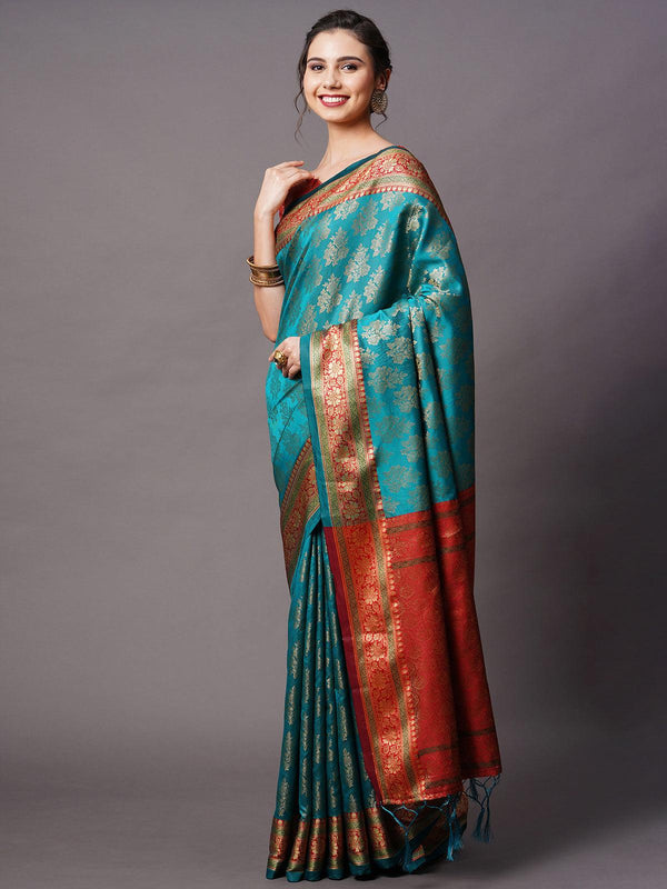 Women's Teal Blue Festive Silk Blend Woven Design Saree With Unstitched Blouse - Odette