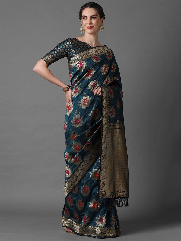 Women's Teal Blue Festive Silk Blend Woven Design Saree With Unstitched Blouse - Odette