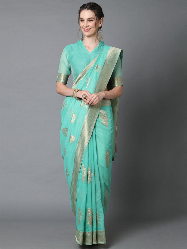 Women's Teal Blue Festive Silk Blend Woven Design Saree With Unstitched Blouse - Odette