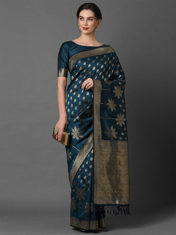 Women's Teal Blue Festive Silk Blend Woven Design Saree With Unstitched Blouse - Odette