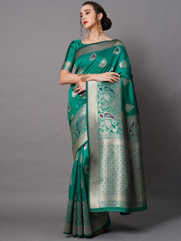 Women's Teal Blue Festive Silk Blend Woven Design Saree With Unstitched Blouse - Odette