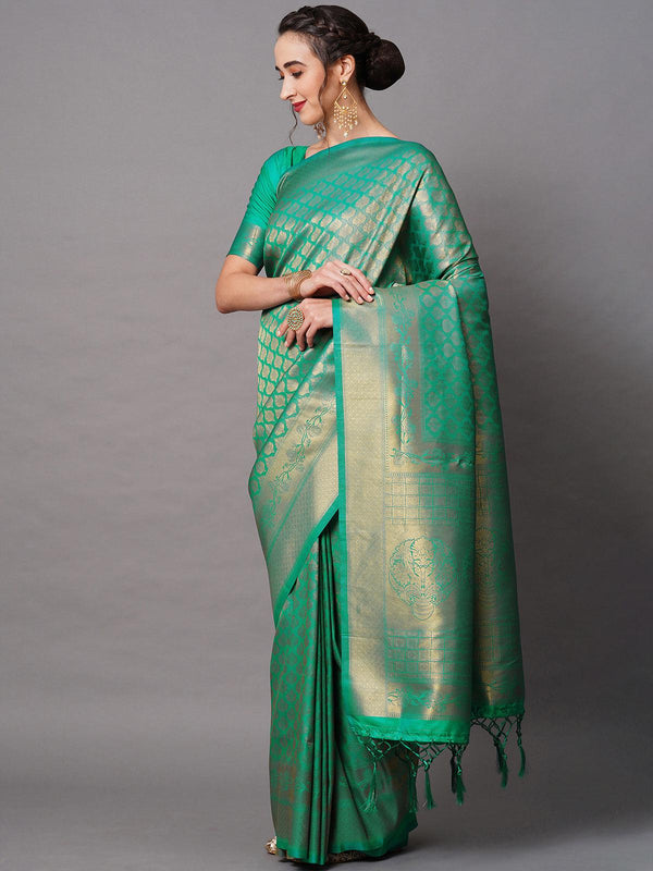 Women's Teal Blue Festive Silk Blend Woven Design Saree With Unstitched Blouse - Odette