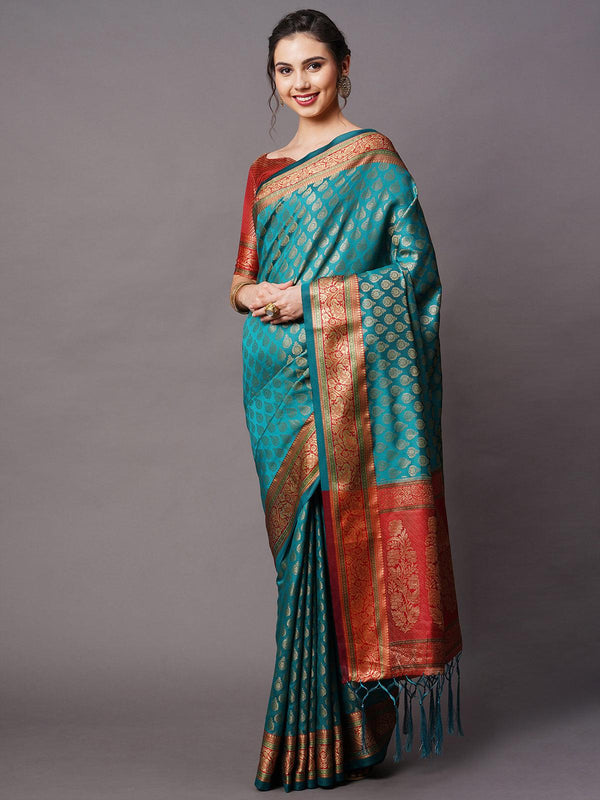 Women's Teal Blue Festive Silk Blend Woven Design Saree With Unstitched Blouse - Odette