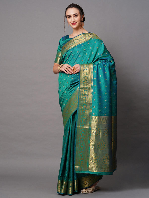 Women's Teal Blue Festive Silk Blend Woven Design Saree With Unstitched Blouse - Odette