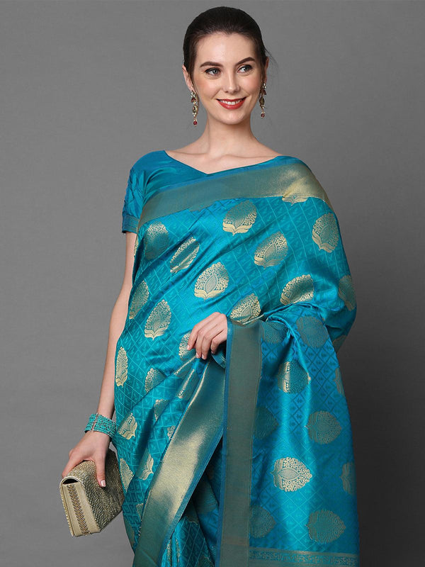 Women's Teal Blue Party Wear Kanjivaram Silk Woven Design Saree With Unstitched Blouse - Odette