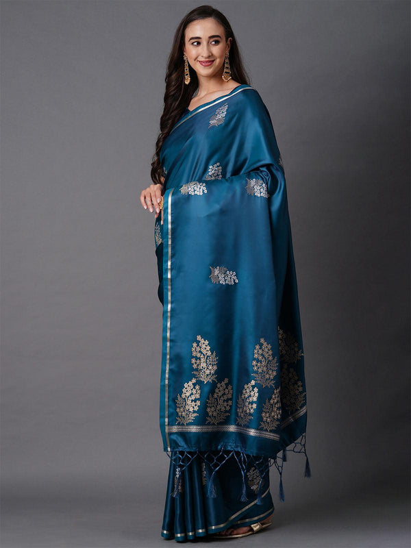 Women's Teal Blue Party Wear Silk Blend Woven Design Saree With Unstitched Blouse - Odette