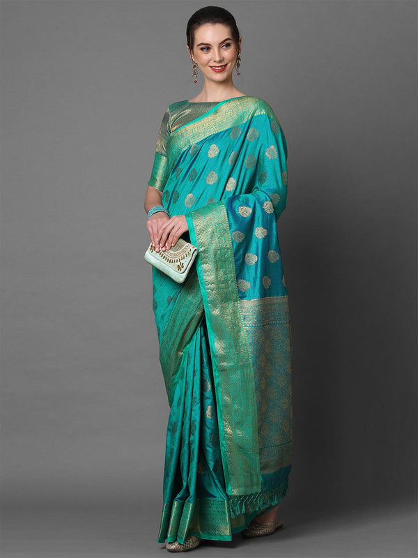 Women's Teal Blue Party Wear Silk Blend Woven Design Saree With Unstitched Blouse - Odette