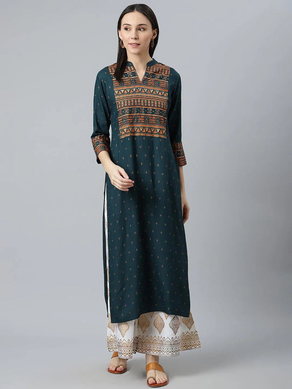 Teal Blue Printed Rayon Kurta - Jashvi