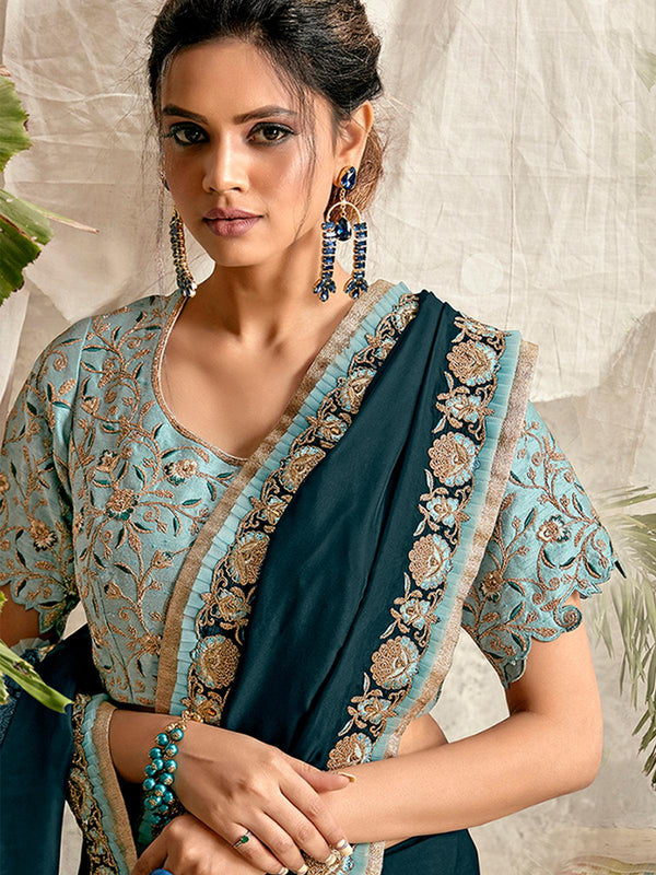 Women's Teal Blue Satin Georgette Designer Saree With Blouse - Odette