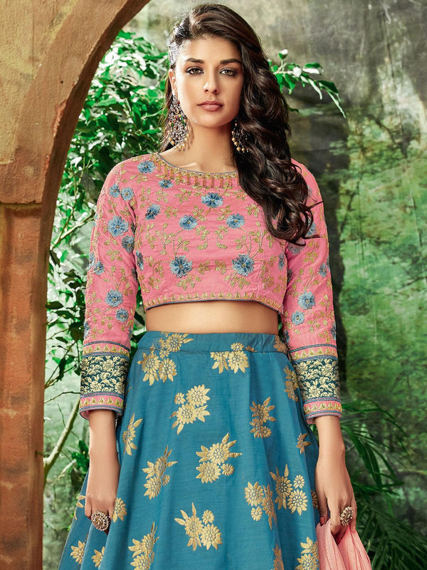 Women's Teal Blue Silk Designer Lehenga Choli - Odette