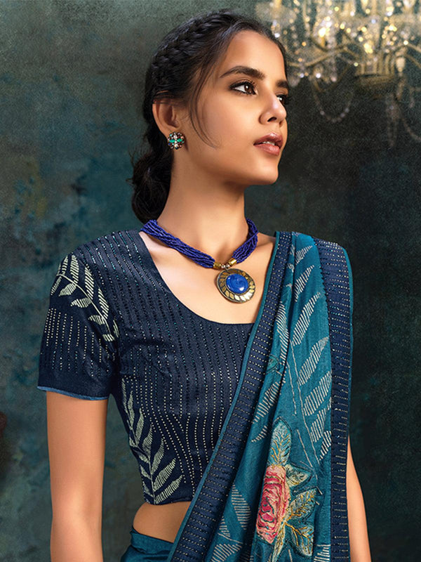 Women's Teal Blue Silk Designer Saree With Blouse - Odette