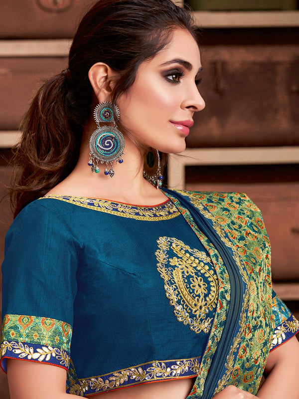 Women's Teal Blue Silk Georgette Designer Saree With Blouse - Odette