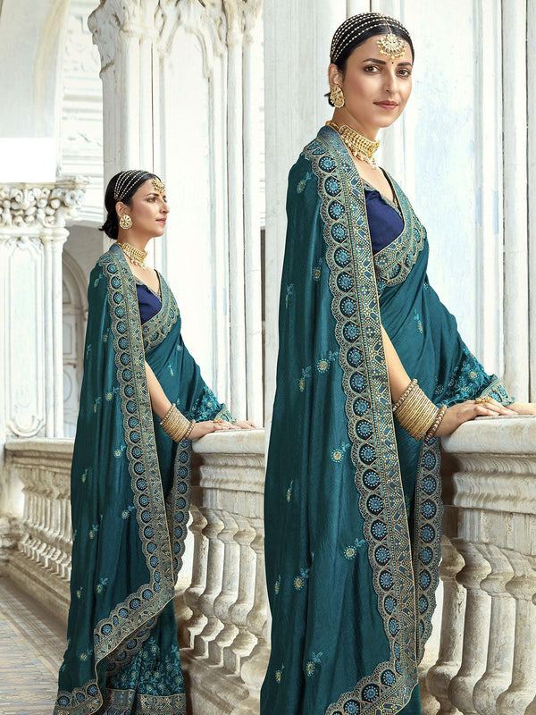 Women's Teal Blue Stunning Embroidered Art Silk Saree - Odette