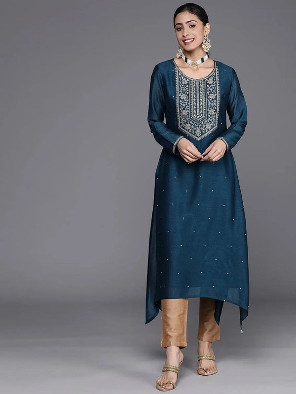 Teal Blue Yoke Design Silk Kurta - Jashvi