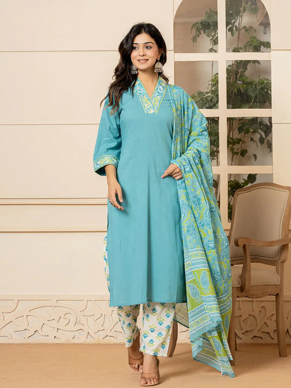 Teal Cotton Embroidered Kurta Dupatta Set