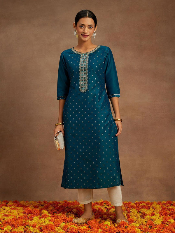 Teal Embellished Chanderi Silk Straight Kurta - Jashvi