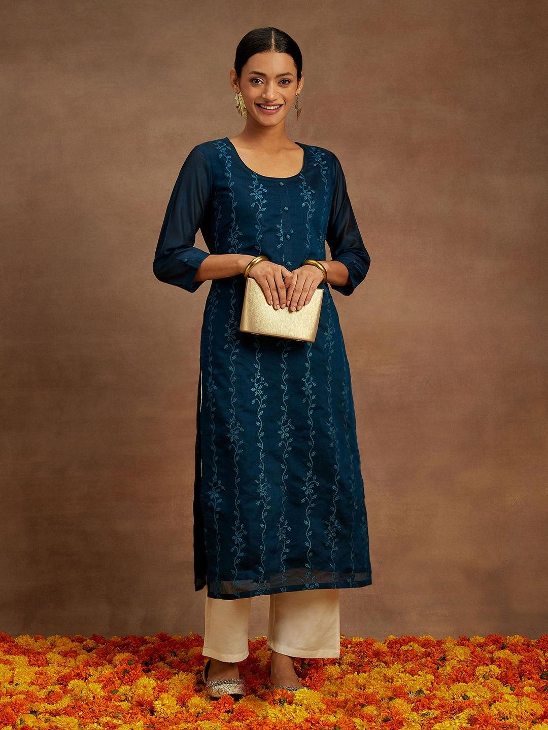 Teal Embroidered Chanderi Silk Straight Kurta - Jashvi