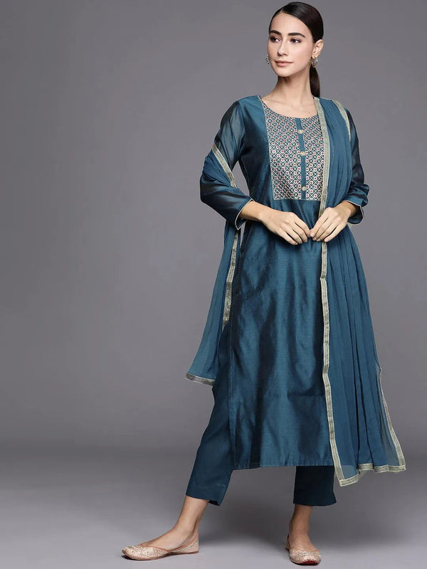 Teal Embroidered Chanderi Silk Suit Set - Jashvi