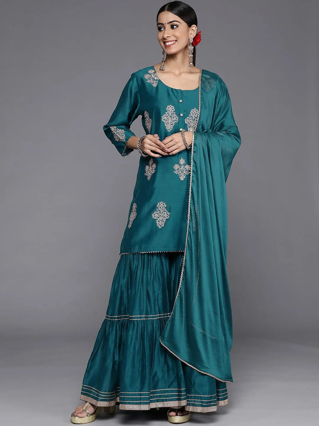 Teal Embroidered Chanderi Silk Straight Suit Set - Jashvi