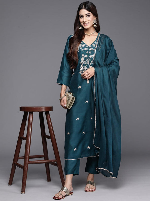 Teal Embroidered Chanderi Silk Straight Kurta With Trousers & Dupatta - Jashvi