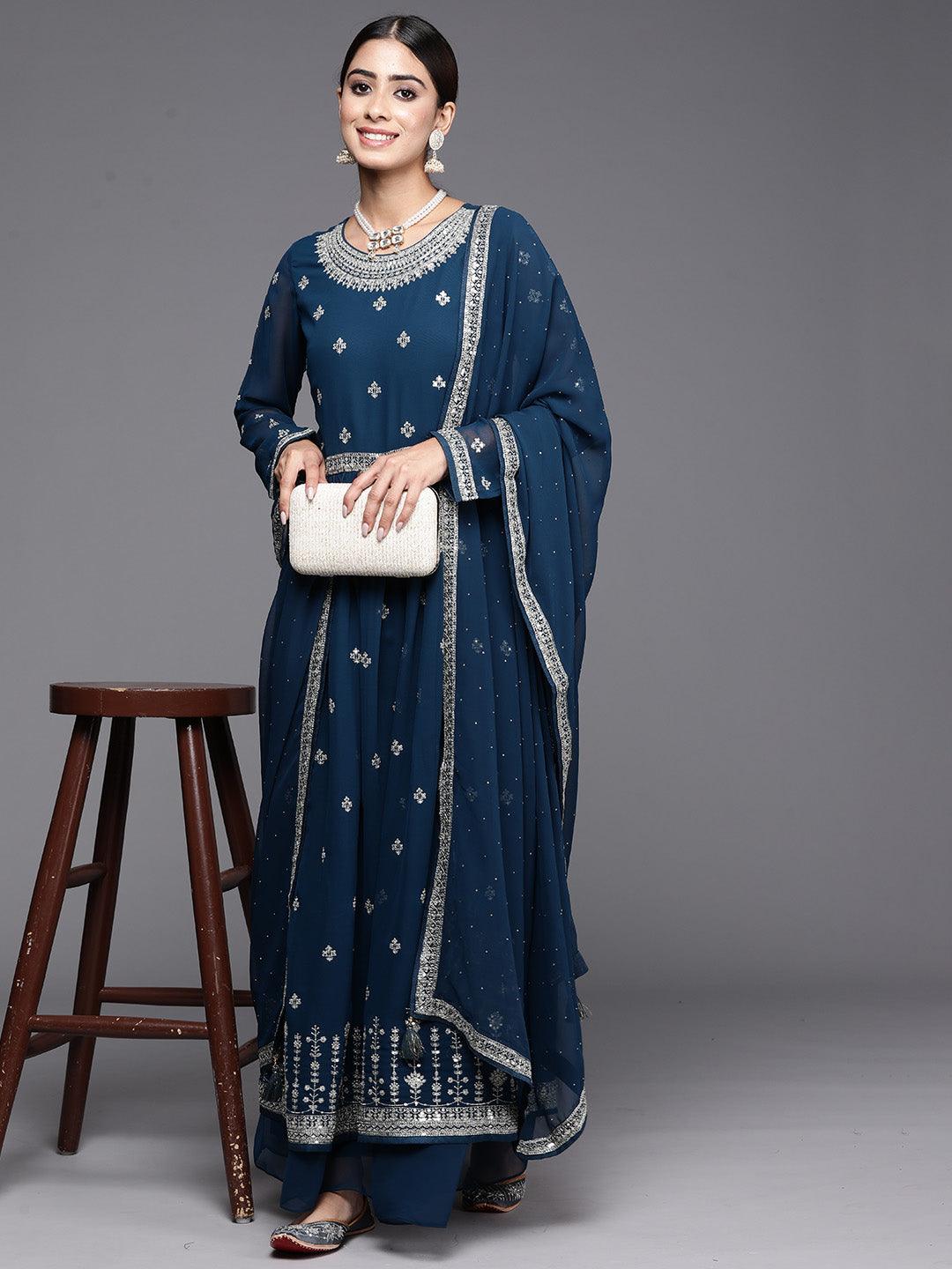 Teal Embroidered Georgette A-Line Kurta With Palazzos & Dupatta - Jashvi