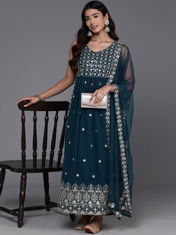 Teal Embroidered Georgette A-Line Kurta With Trousers & Dupatta - Jashvi