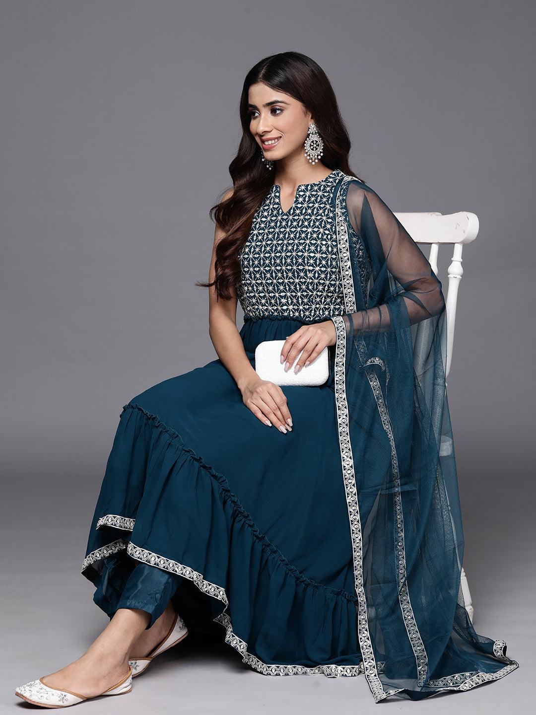 Teal Embroidered Georgette Anarkali Kurta With Trousers & Dupatta - Jashvi