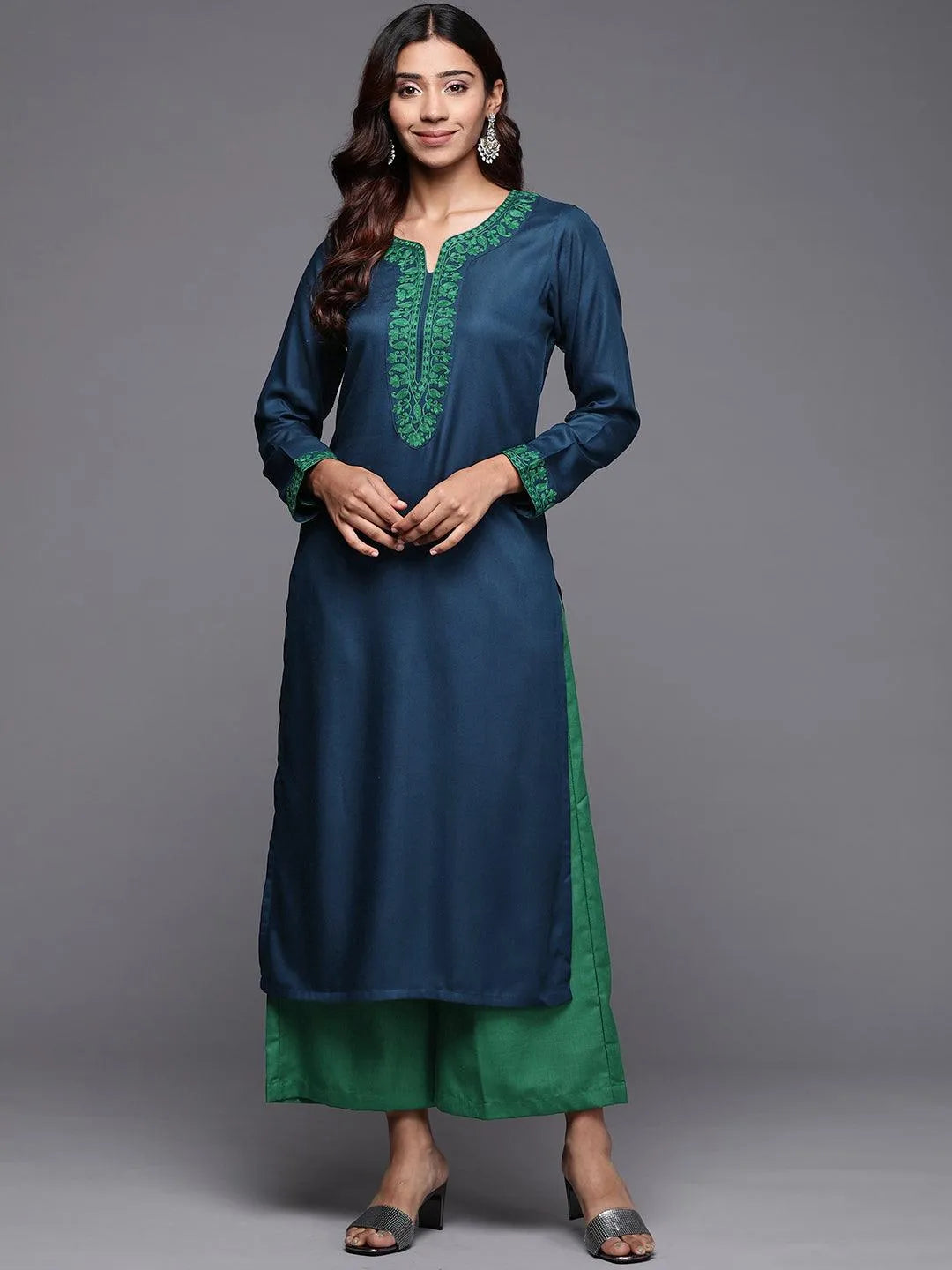 Teal Embroidered Pashmina Wool Straight Kurta - Jashvi