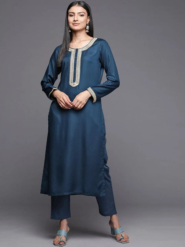 Teal Embroidered Pashmina Wool Straight Kurta - Jashvi