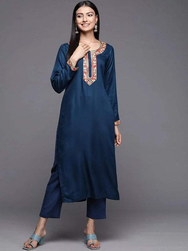 Teal Embroidered Pashmina Wool Straight Kurta - Jashvi