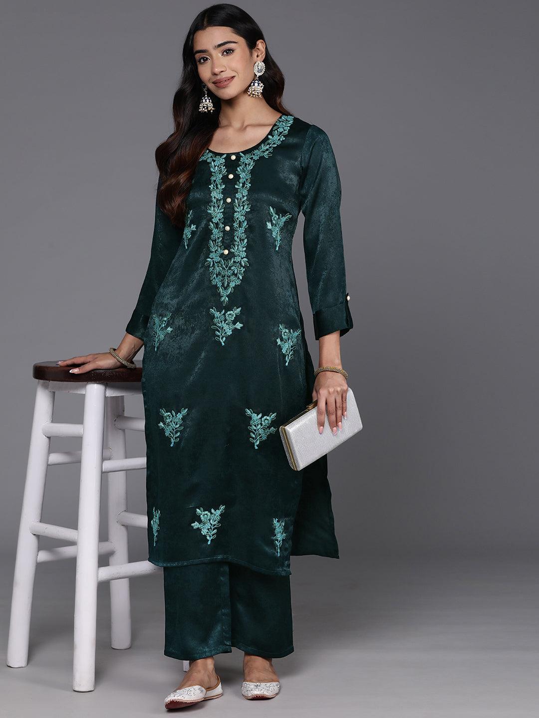 Teal Embroidered Polyester Straight Kurta With Trousers - Jashvi