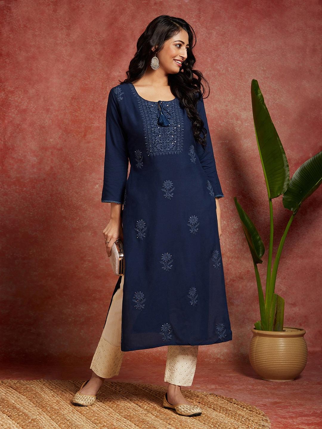 Teal Embroidered Rayon Straight Kurta - Jashvi