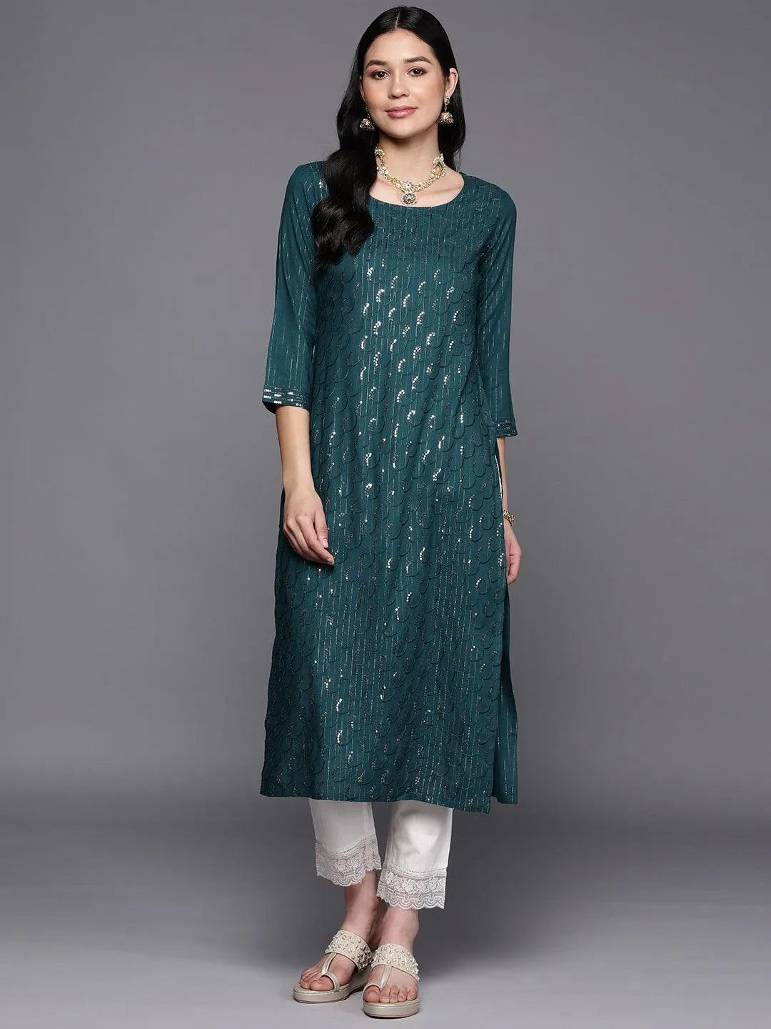 Teal Embroidered Rayon Straight Kurta - Jashvi