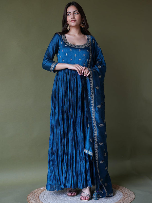 Teal Embroidered Silk Blend Anarkali Kurta With Trousers & Dupatta - Jashvi