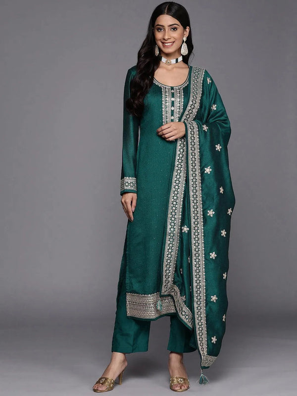 Teal Embroidered Silk Blend Straight Suit Set - Jashvi