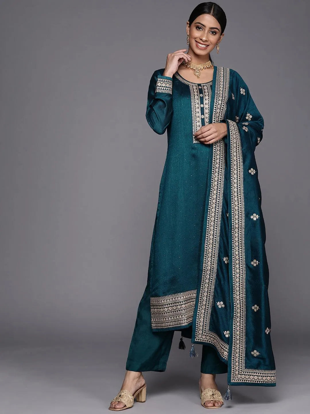 Teal Embroidered Silk Blend Straight Suit Set - Jashvi