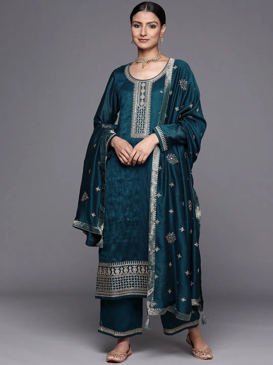 Teal Embroidered Silk Blend Straight Suit Set - Jashvi