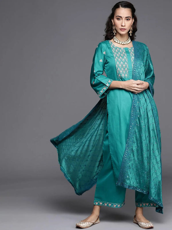 Teal Green Embroidered Silk Blend Suit Set - Jashvi