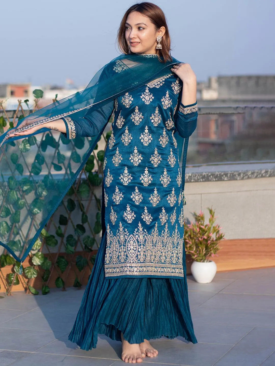 Teal Embroidered Silk Blend Straight Suit Set - Jashvi