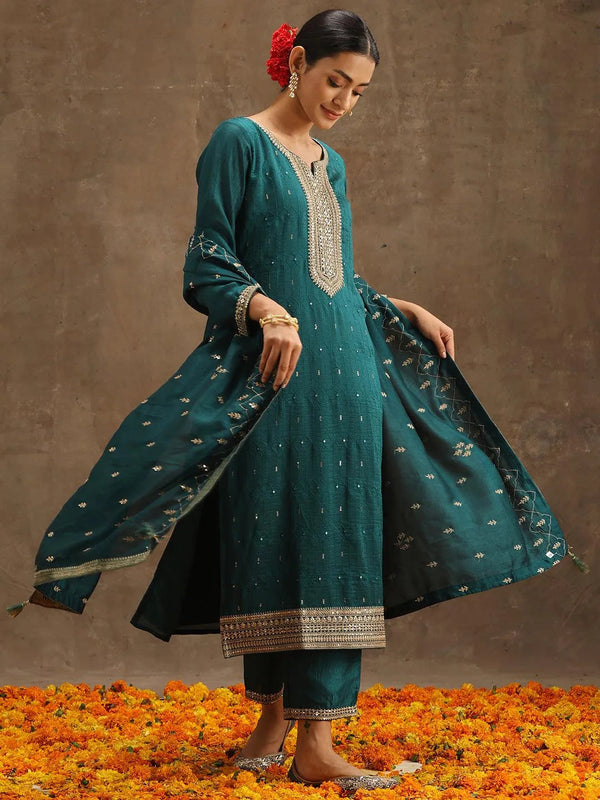 Teal Embroidered Silk Blend Suit Set With Trousers - Jashvi