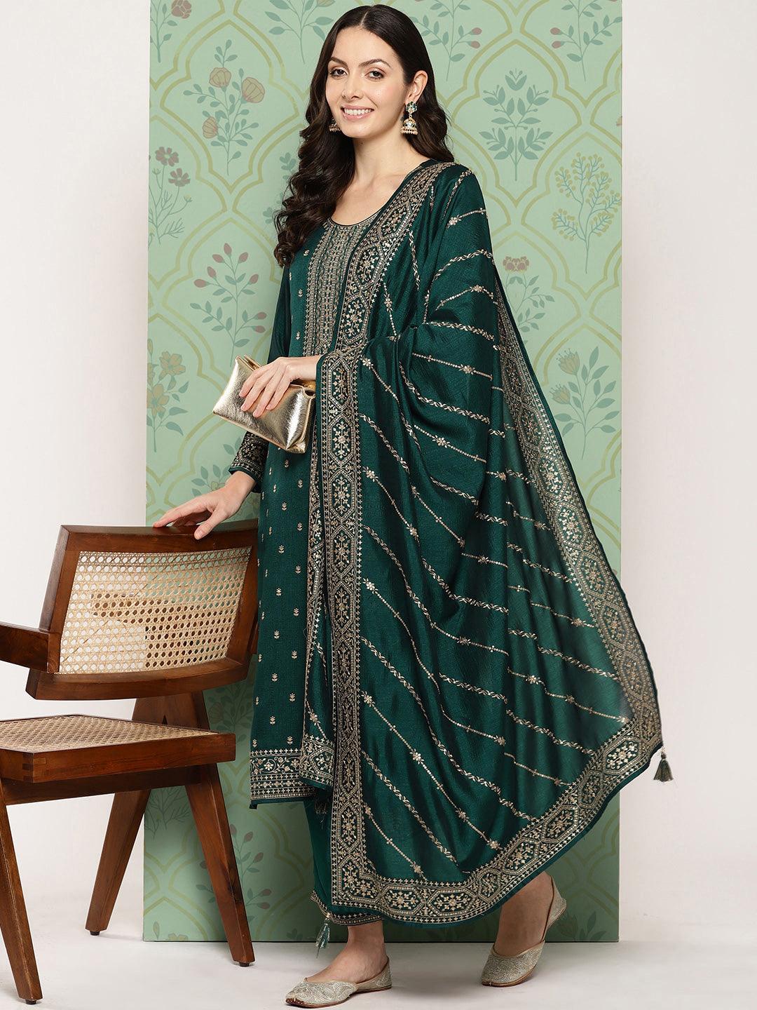 Teal Embroidered Silk Blend Straight Kurta With Trousers & Dupatta - Jashvi