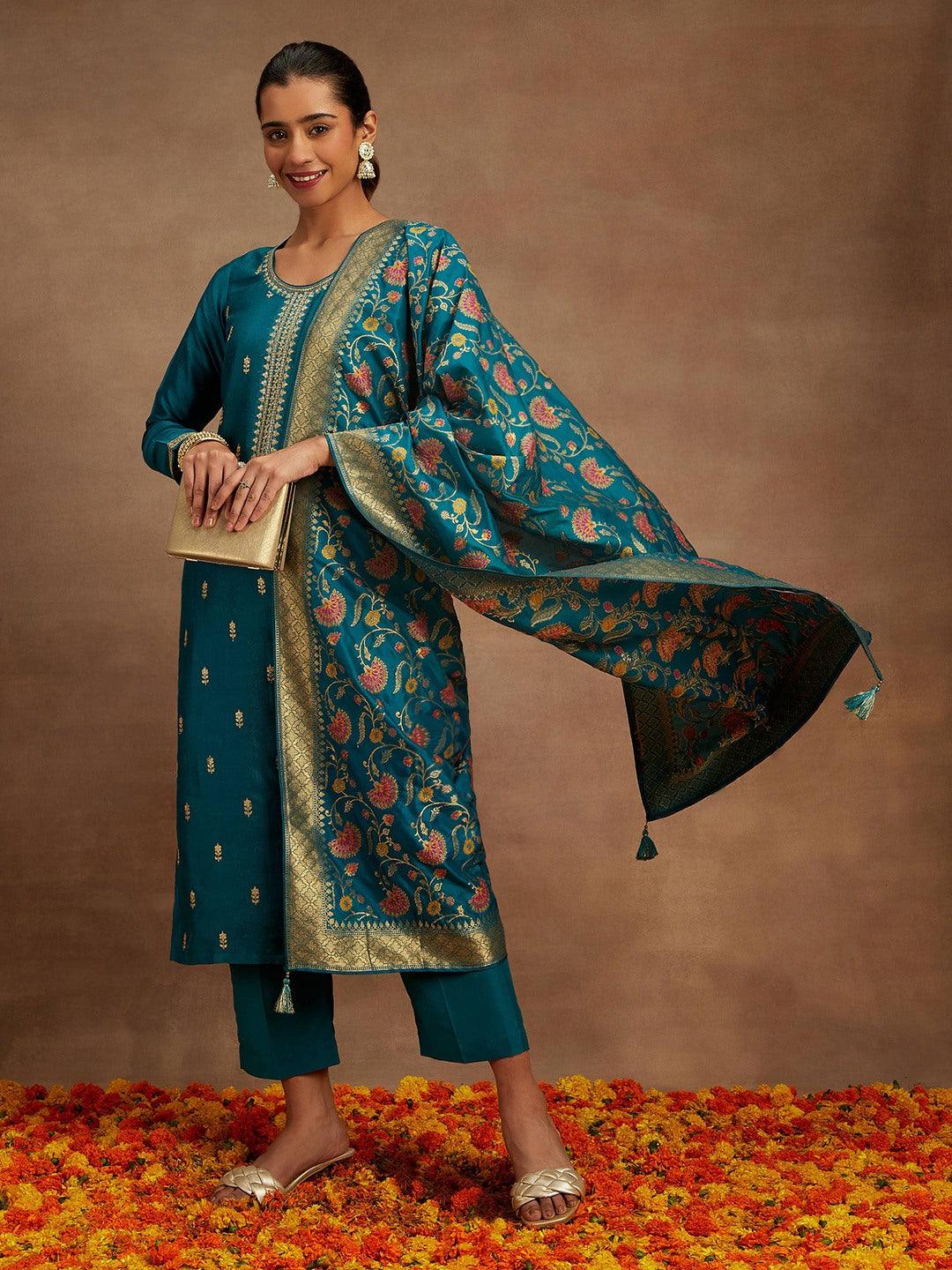 Teal Embroidered Silk Blend Straight Kurta With Trousers & Dupatta - Jashvi