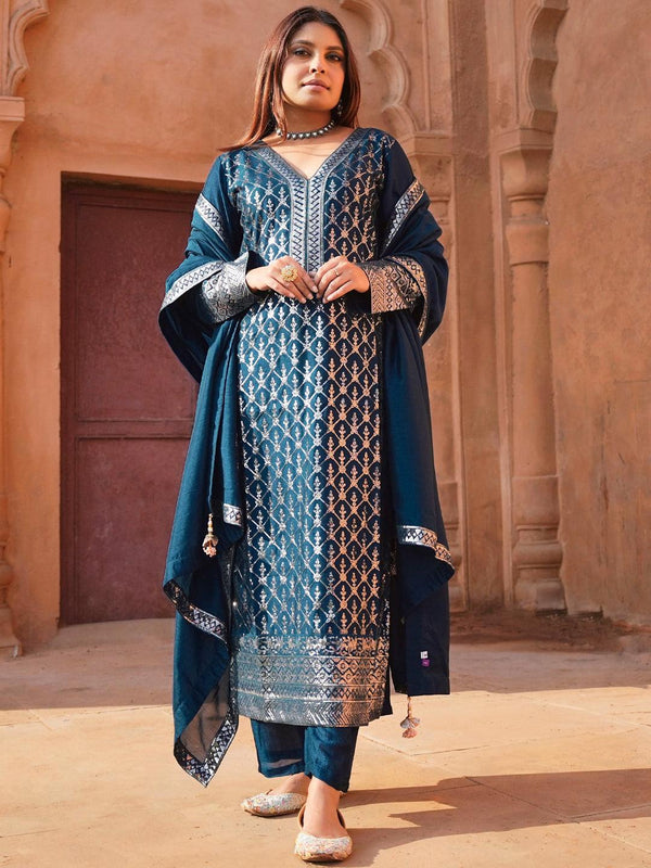 Teal Embroidered Silk Blend Straight Kurta With Trousers & Dupatta - Jashvi