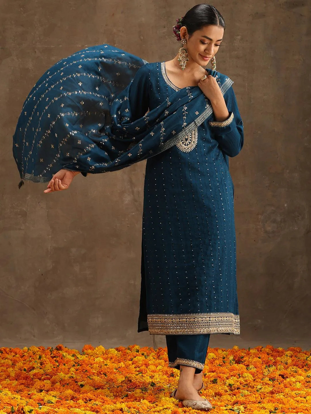 Teal Embroidered Silk Blend Suit Set With Trousers - Jashvi