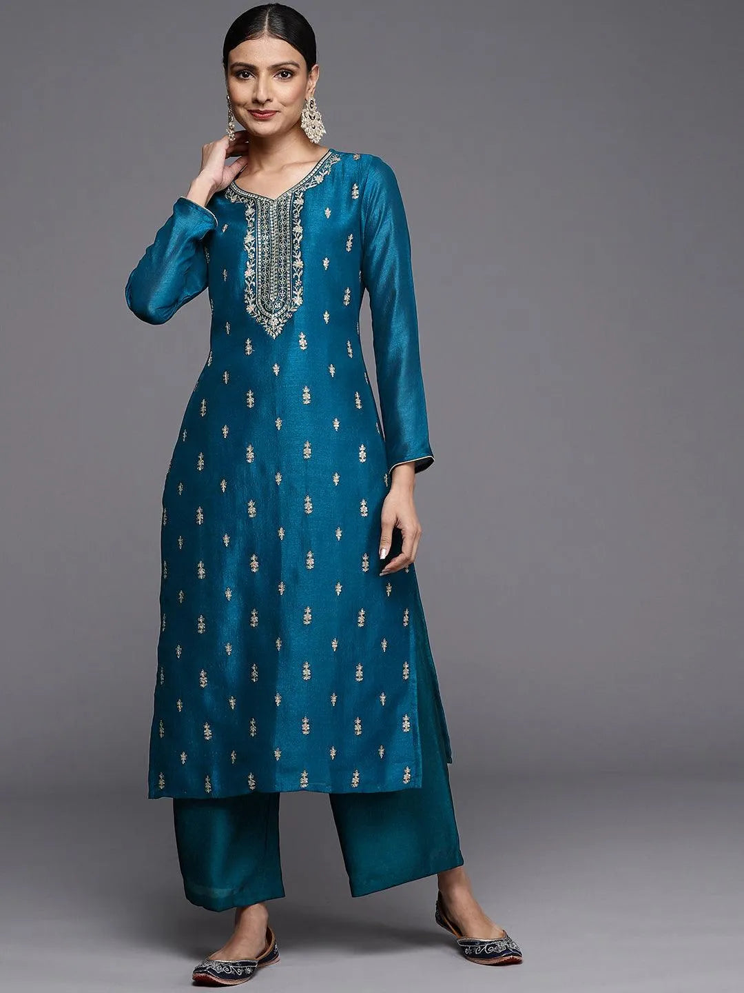 Teal Embroidered Silk Straight Kurta - Jashvi