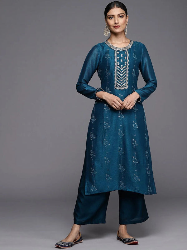 Teal Embroidered Silk Straight Kurta - Jashvi